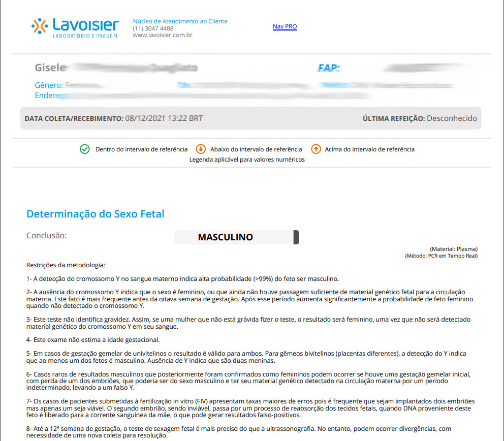 resultado de sexagem fetal MASCULINO Lavoisier