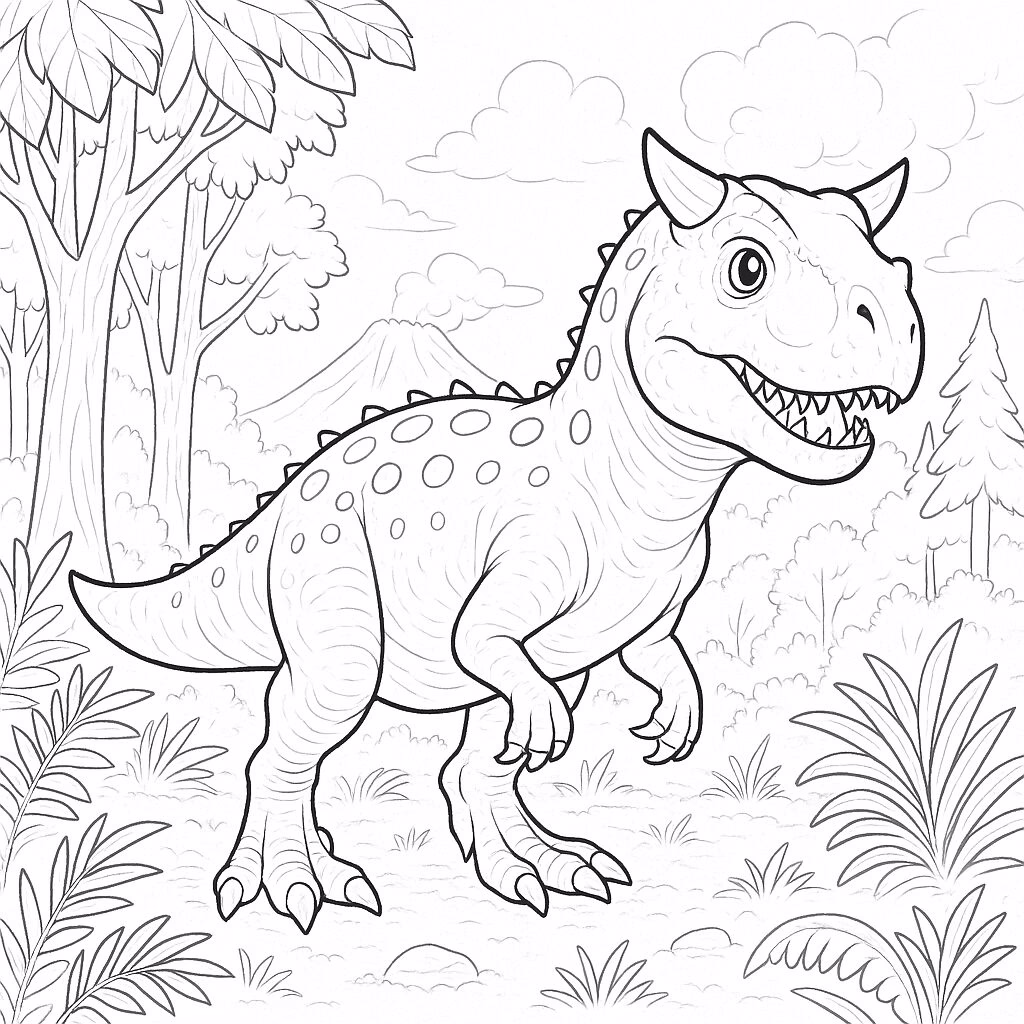 desenho de dinossauro carnotauro na floresta para imprimir e colorir
