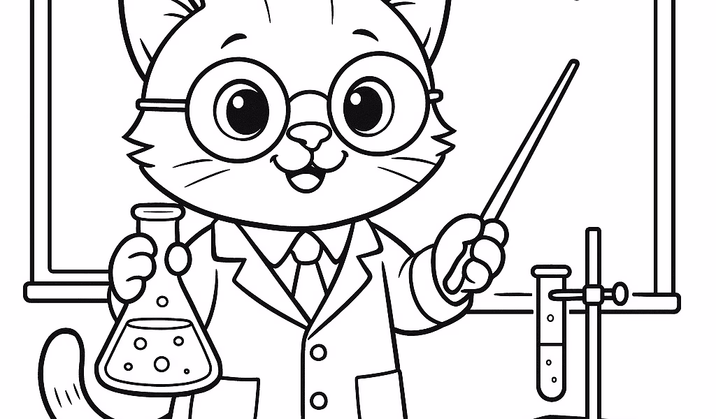 DESENHO DE GATINHO CIENTISTA PARA IMPRIMIR E COLORIR
