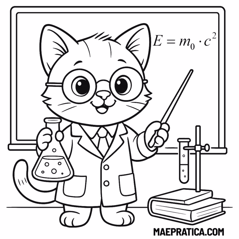 DESENHO DE GATINHO CIENTISTA PARA IMPRIMIR E COLORIR