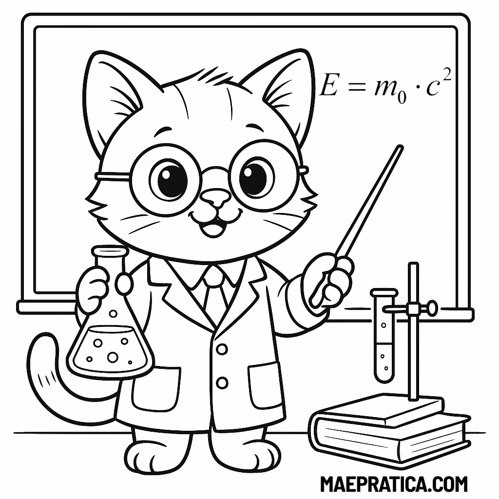 DESENHO DE GATINHO CIENTISTA PARA IMPRIMIR E COLORIR